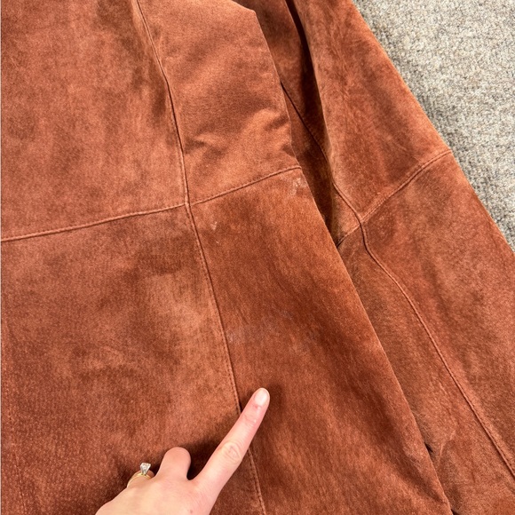Massini Rust Brown Suede Leather Mid Length Button Front Car Coat Women’s Large - Picture 6 of 9